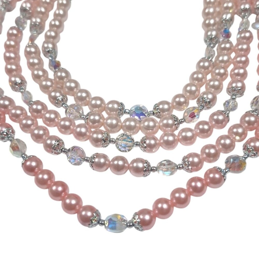 Vintage Japan 5 Strand Multi Pink Ombre Faux Pearl AB Crystal Necklace 15-18" - Picture 4 of 12